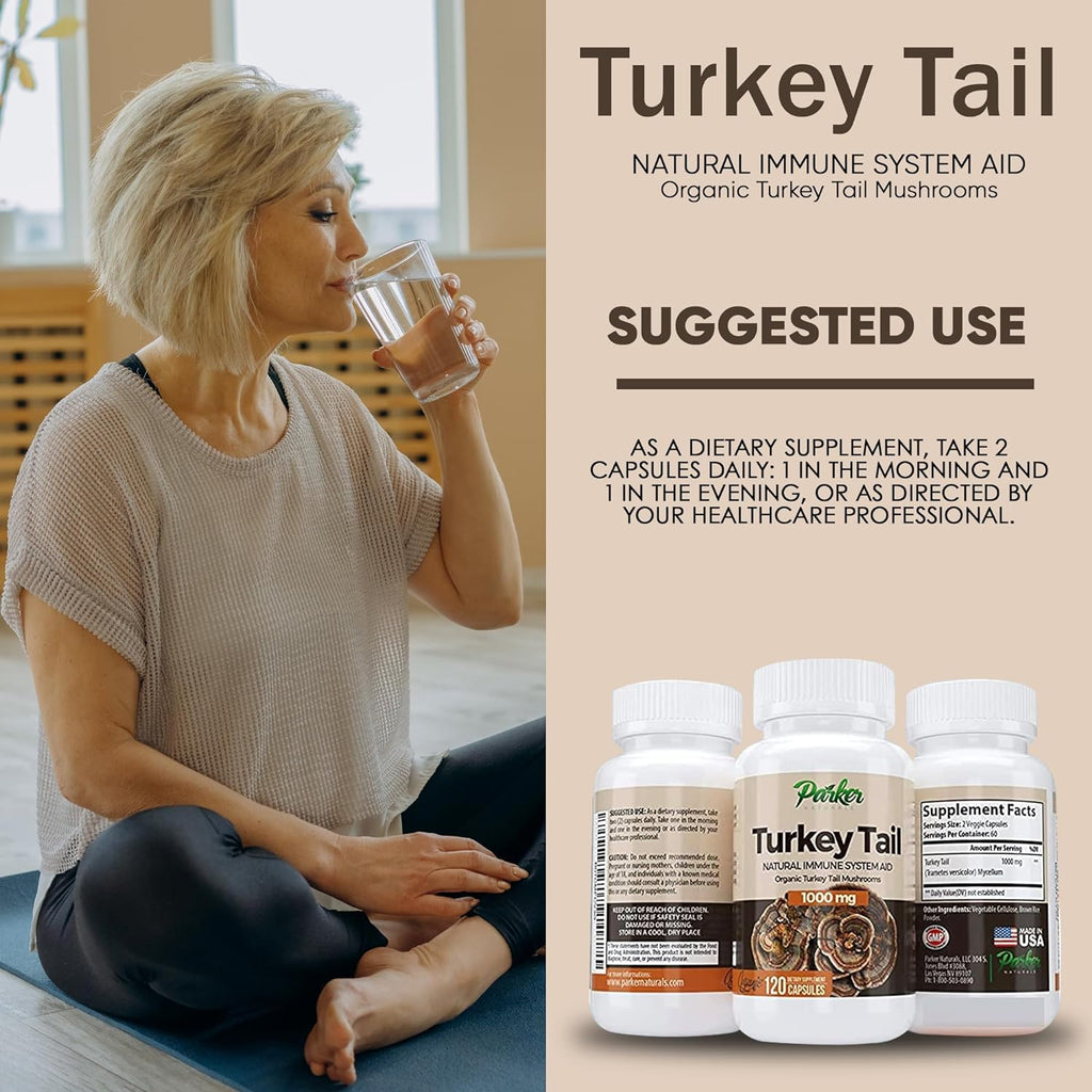 Parker Naturals Premium Organic Turkey Tail Mushroom Capsules Supports Immune System Health. Nature's Original Superfood. 120 Capsules