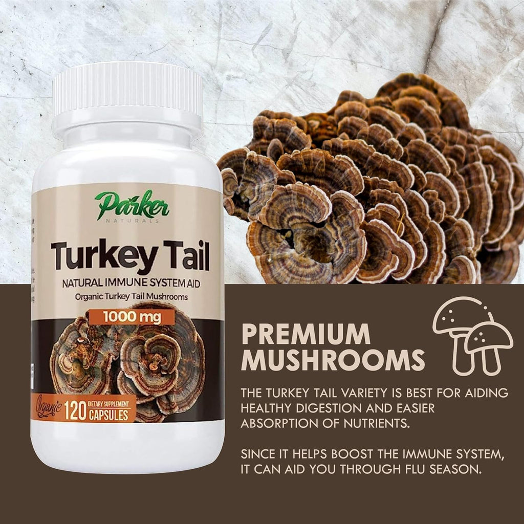 Parker Naturals Premium Organic Turkey Tail Mushroom Capsules Supports Immune System Health. Nature's Original Superfood. 120 Capsules