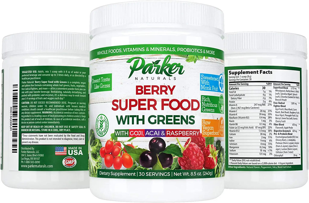 Parker Naturals Berry Green Superfood Powder Smoothie Mix with Organic Greens & Organic Fruits, Enzymes, Probiotics, Antioxidants, Vitamins, Minerals Flavored with Monk Fruit