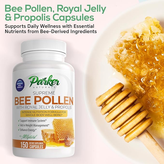 Parker Naturals Supreme Bee Pollen Capsules, 3520 mg Royal Jelly, Bee Pollen, and Bee Propolis Capsules, Natural Bee Pollen Supplement for Adults, 150 Capsules