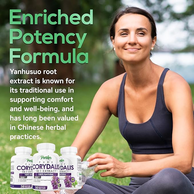 Parker Naturals Pure Corydalis Root Extract Capsule - 1000mg Strength, 10:1 Corydalis Yanhusuo Extract, Natural Relief, Long Lasting, 100% Vegetarian, 120 Servings, 240 Count