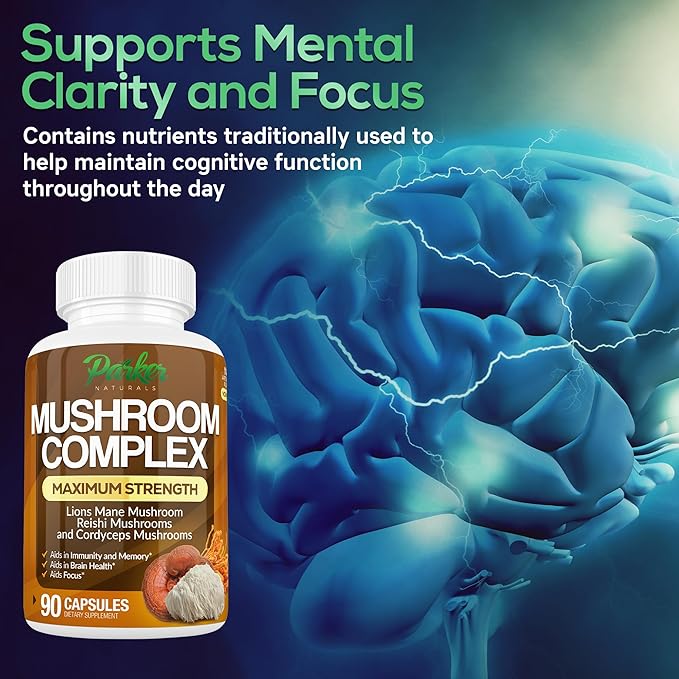 Parker Naturals Mushroom Complex Capsules, Premium Lions Mane, Cordyceps, and Reishi Mushroom Supplement, Maximum Strength Organic Mushrooms Supplement, 90 Capsules