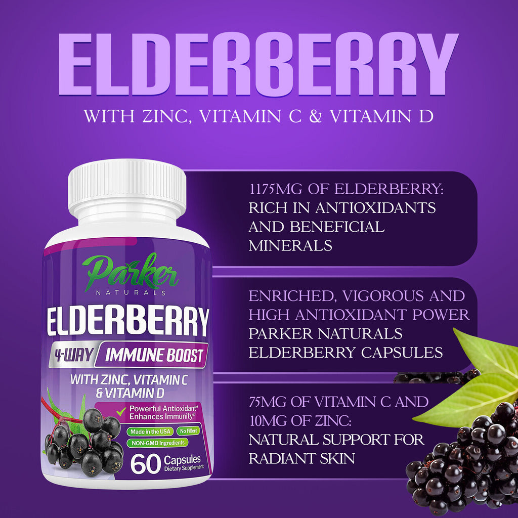 Parker Naturals Organic Elderberry Capsules. 4-Way Immune Boost. 1260.1mg. Most Potent. Made in USA! 60 Count