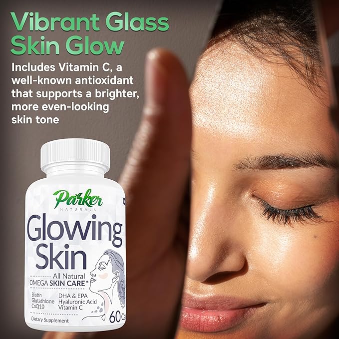 Parker Naturals Glowing Skin Supplement - Biotin, Glutathione, Hyaluronic Acid, DHA/EPA Omega 3 Fish Oil, CoQ10, Vitamin C, All Natural Skin Care Supplement, 60 Caps