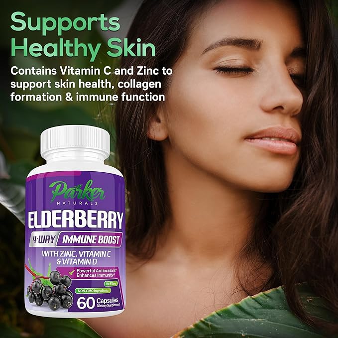 Parker Naturals Organic Elderberry Capsules, 4-Way Immune Boost Elderberries, Vitamins C, D & Zinc Support, 1260.1 mg Elderberry Supplements for Adults, 60 Capsules