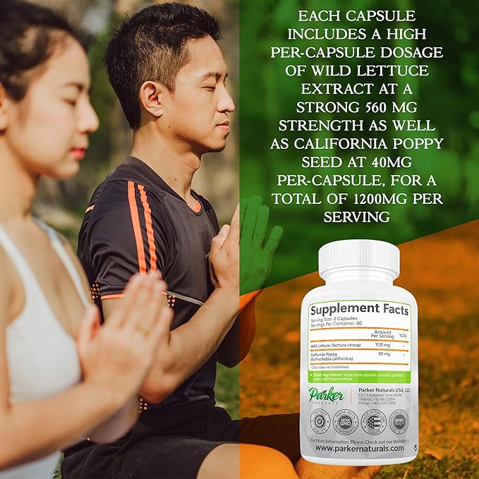 Parker Naturals Wild Lettuce Extract & California Poppy Seed Supplement, 2 Way Premium Strength Herbal Supplement for Healthy Sleep & Relief Support, 120 Capsules