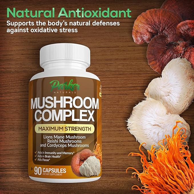 Parker Naturals Mushroom Complex Capsules, Premium Lions Mane, Cordyceps, and Reishi Mushroom Supplement, Maximum Strength Organic Mushrooms Supplement, 90 Capsules