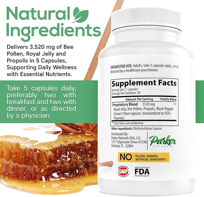Parker Naturals Supreme Bee Pollen Capsules, 3520 mg Royal Jelly, Bee Pollen, and Bee Propolis Capsules, Natural Bee Pollen Supplement for Adults, 150 Capsules