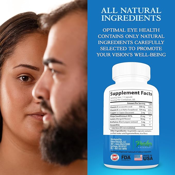 Parker Naturals Optimal Eye Health Vitamin & Mineral Supplement, Eye Supplements & Vitamins for Vision with Vitamin C & E, Lutein & Zeaxanthin Supplements, 60 Caps