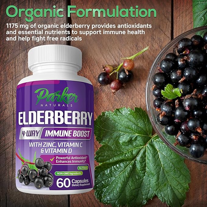 Parker Naturals Organic Elderberry Capsules, 4-Way Immune Boost Elderberries, Vitamins C, D & Zinc Support, 1260.1 mg Elderberry Supplements for Adults, 60 Capsules