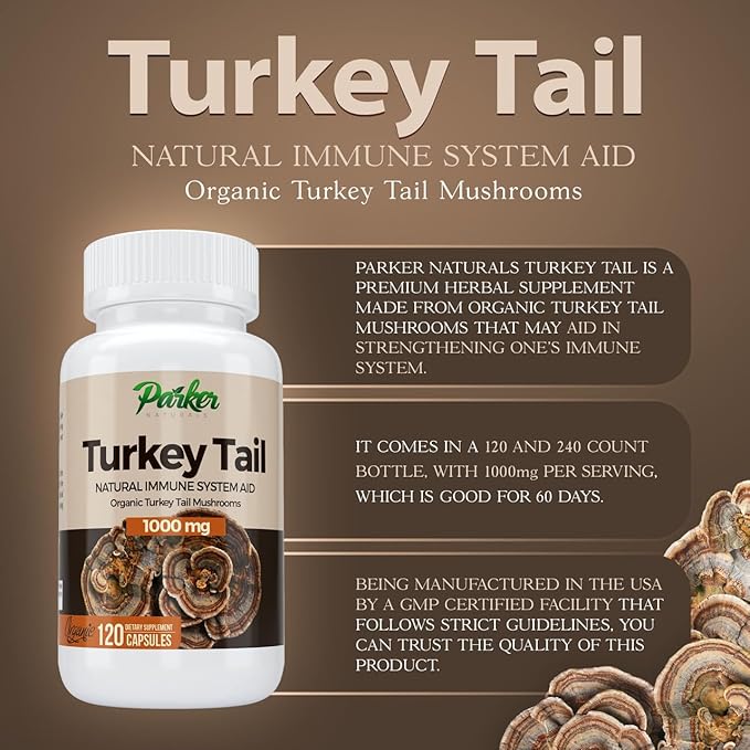 Parker Naturals Turkey Tail Mushroom Capsules - Organic Mushroom Supplement for Immune System Health Support - 1000 mg Premium Mushroom Supplements - 120 Capsules