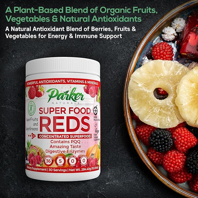 Parker Naturals Superfood Reds Powder, Monk Fruit Flavored Organic Antioxidant, Concentrated Greens and Reds Superfood Powder, Vegan Berry, 30 Servings