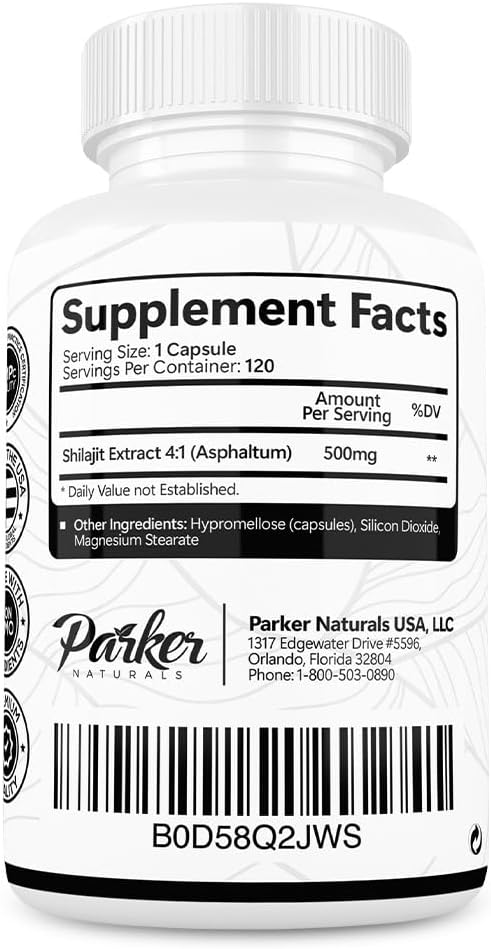 Parker Naturals Pure Himalayan Shilajit Capsules, 2000 mg Strength Shilajit Resin and Fulvic Acid Supplement, Vegan and Gluten-Free Capsules, 120 Count