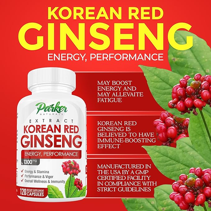 Parker Naturals Korean Red Ginseng Extract, 1300mg Extract with Ginger Root and Black Pepper, 20% Ginsenosides Red Panax Ginseng Supplement, 120 Caps