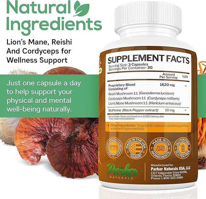 Parker Naturals Mushroom Complex Capsules, Premium Lions Mane, Cordyceps, and Reishi Mushroom Supplement, Maximum Strength Organic Mushrooms Supplement, 90 Capsules