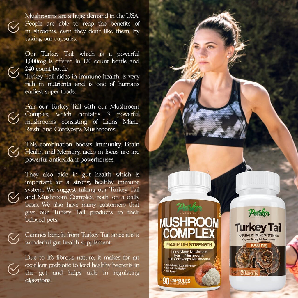 Parker Naturals Turkey Tail Mushroom Capsules - Organic Mushroom Supplement for Immune System Health Support - 1000 mg Premium Mushroom Supplements - 120 Capsules