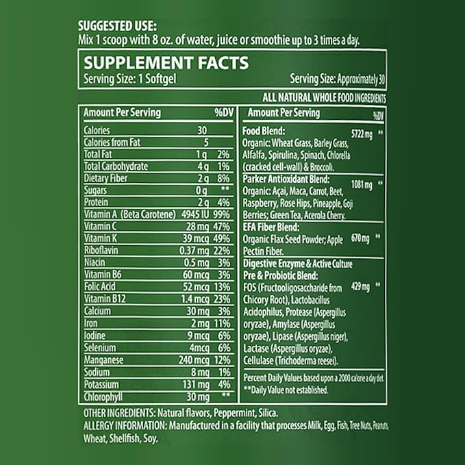 Parker Naturals Berry Greens Superfood Powder, Organic Green Powder with Enzymes, Probiotics, Antioxidants, and Vitamins, Vegan Green Juice Mix, 240 Grams