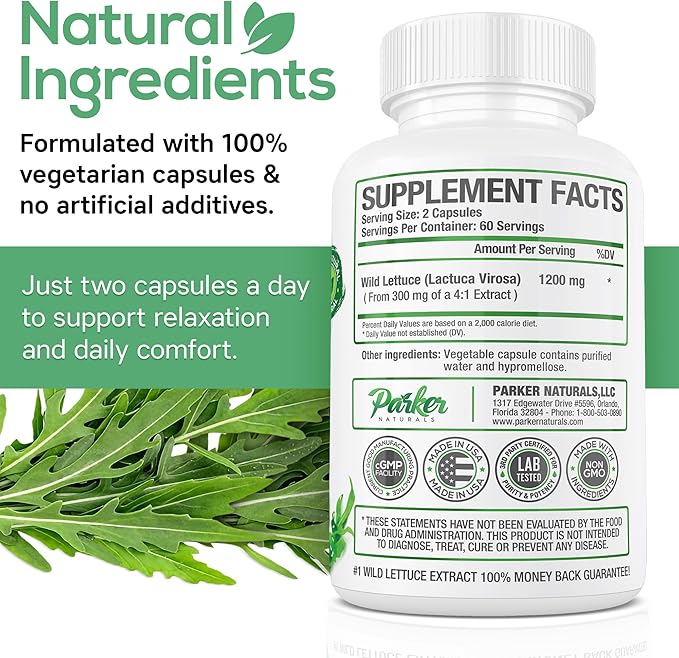 Parker Naturals Wild Lettuce Extract – Herbal Sleep Supplement 1200mg, 4:1 Concentrated, Vegan Capsules, Soothes Discomfort, 60 Servings, 120 Count