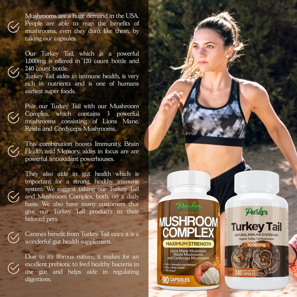 Parker Naturals Turkey Tail Mushroom Capsules - Organic Mushroom Supplement for Immune System Health Support - 1000 mg Premium Mushroom Supplements - 240 Capsules