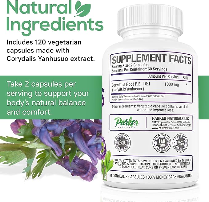 Parker Naturals Pure Corydalis Root Extract Capsule - 1000mg Strength, 10:1 Corydalis Yanhusuo Extract, Natural Relief, Long Lasting, 100% Vegetarian, 60 Servings, 120 Count