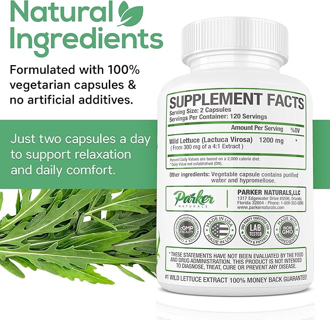 Parker Naturals Wild Lettuce Extract – Herbal Sleep Supplement 1200mg, 4:1 Concentrated, Vegan Capsules, Soothes Discomfort, 120 Servings, 240 Count