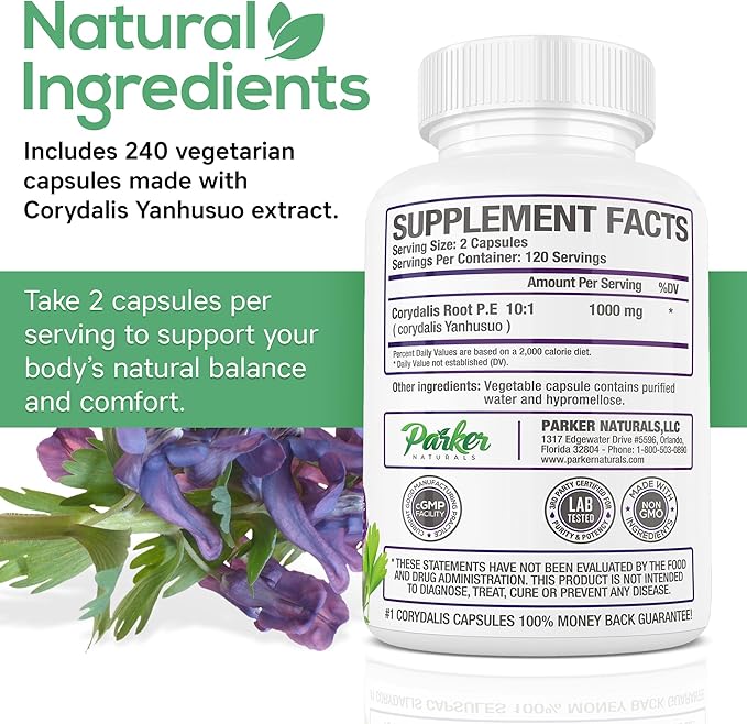 Parker Naturals Pure Corydalis Root Extract Capsule - 1000mg Strength, 10:1 Corydalis Yanhusuo Extract, Natural Relief, Long Lasting, 100% Vegetarian, 120 Servings, 240 Count