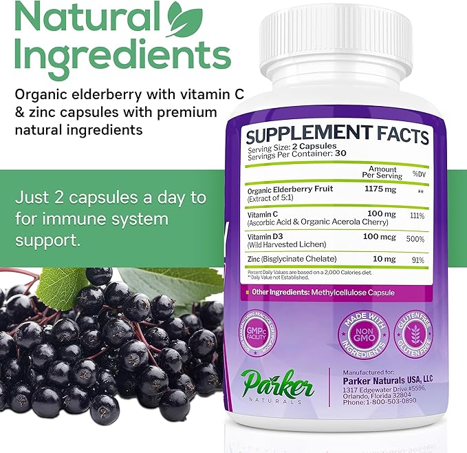 Parker Naturals Organic Elderberry Capsules, 4-Way Immune Boost Elderberries, Vitamins C, D & Zinc Support, 1260.1 mg Elderberry Supplements for Adults, 60 Capsules