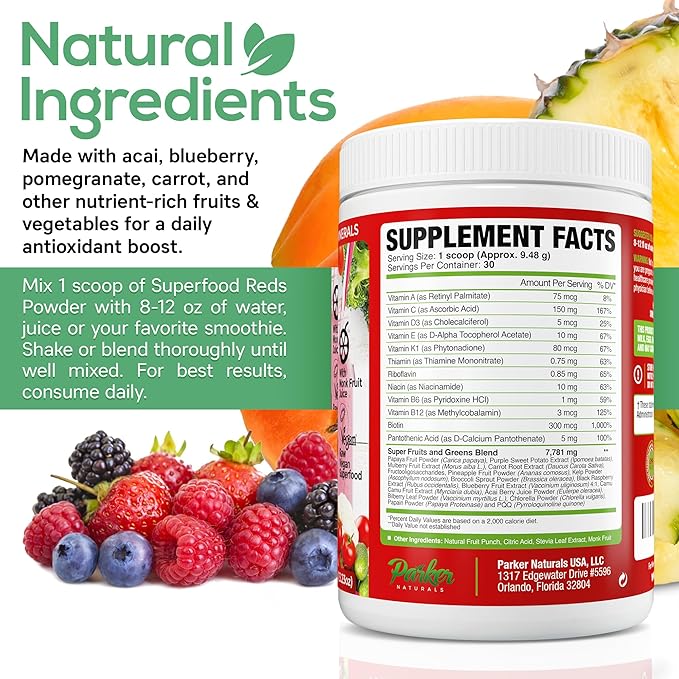 Parker Naturals Superfood Reds Powder, Monk Fruit Flavored Organic Antioxidant, Concentrated Greens and Reds Superfood Powder, Vegan Berry, 30 Servings