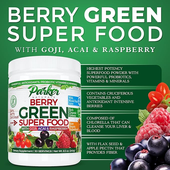 Parker Naturals Berry Greens Superfood Powder, Organic Green Powder with Enzymes, Probiotics, Antioxidants, and Vitamins, Vegan Green Juice Mix, 240 Grams