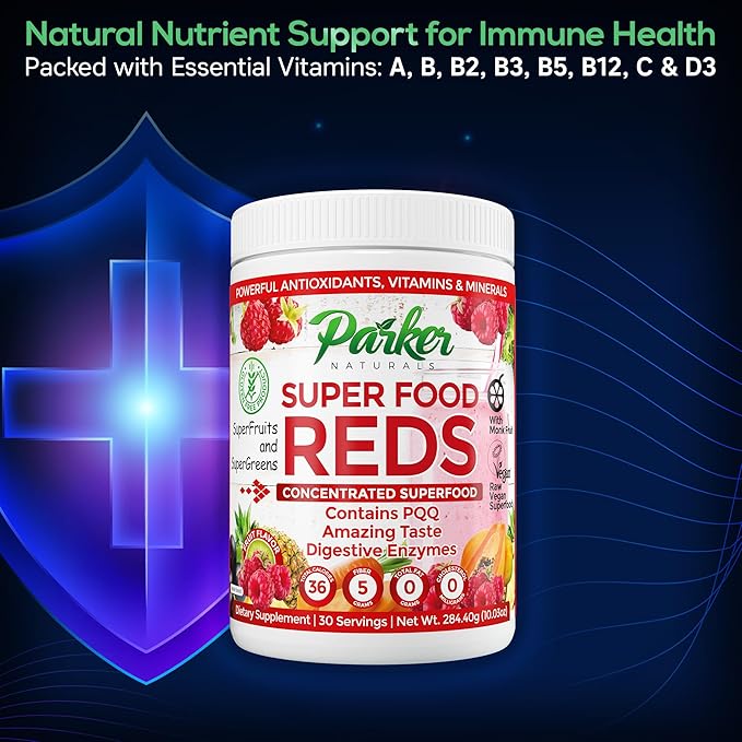 Parker Naturals Superfood Reds Powder, Monk Fruit Flavored Organic Antioxidant, Concentrated Greens and Reds Superfood Powder, Vegan Berry, 30 Servings