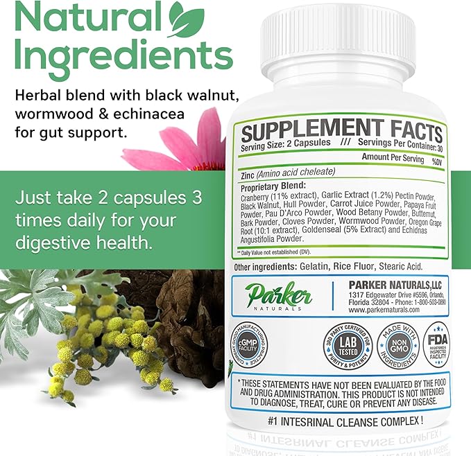 Parker Naturals Intestinal Cleanse for Adults – Extra Strength Intestine Cleanse and Detox Supplements with Black Walnut Hull, Wormwood, and Echinacea – 60 Capsules