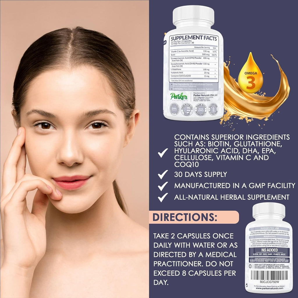 Parker Naturals Glowing Skin an All-Natural Skin Care Supplement. Includes Superior Ingredients Such As: Biotin, Glutathione, Hyularonic Acid, DHA, EPA, Cellulose, Vitamin C and CoQ10.