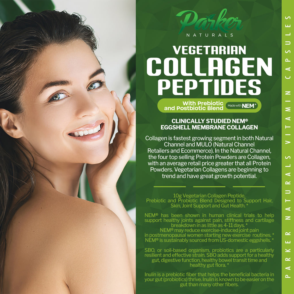 Parker Naturals Vegetarian Collagen Peptides with NEM®.Natural Eggshell Membrane. Supports Hair, Skin, Joints, & Helps Gut Health. 10.1oz.
