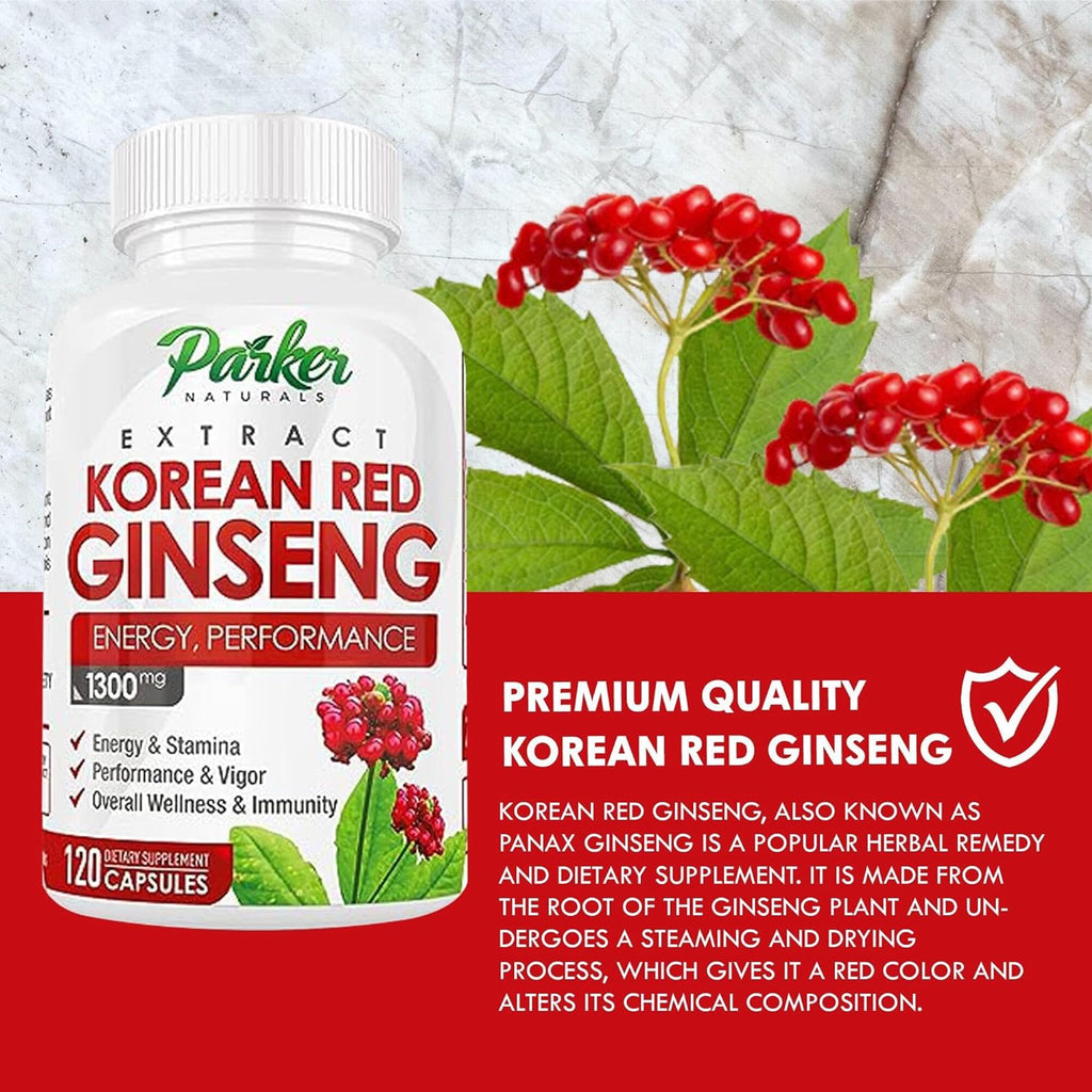 Parker Naturals Korean Red Panax Ginseng Extract 1300MG Energy Performance. High 20% Ginsenosides. Supports Stamina,Vigor, Immunity with Ginger Root and Black Pepper 120 Caps. Made in The USA!