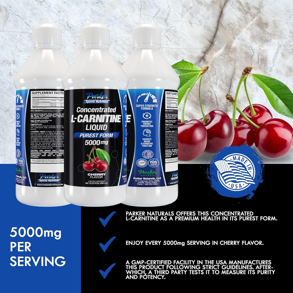 Parker Naturals L-Carnitine 5000 Mg Premium Dietary Supplement Liquid - 16 Oz All Natural Real Cherry Flavor