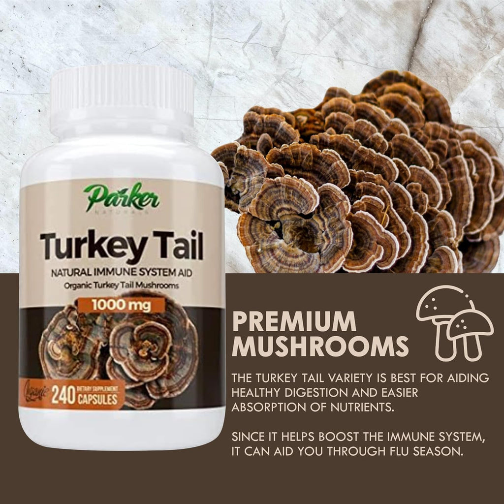 Parker Naturals Premium Organic Turkey Tail Mushroom Capsules Supports Immune System Health. Nature's Original Superfood. 240 Capsules