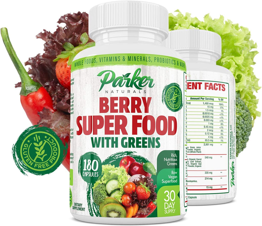 Parker Naturals Berry Green Superfood Capsules 180 ct. with Organic Greens & Fruits, Enzymes, Probiotics, Antioxidants, Vitamins, Minerals - Alkalize & Detox - Non GMO, Vegan & Gluten Free