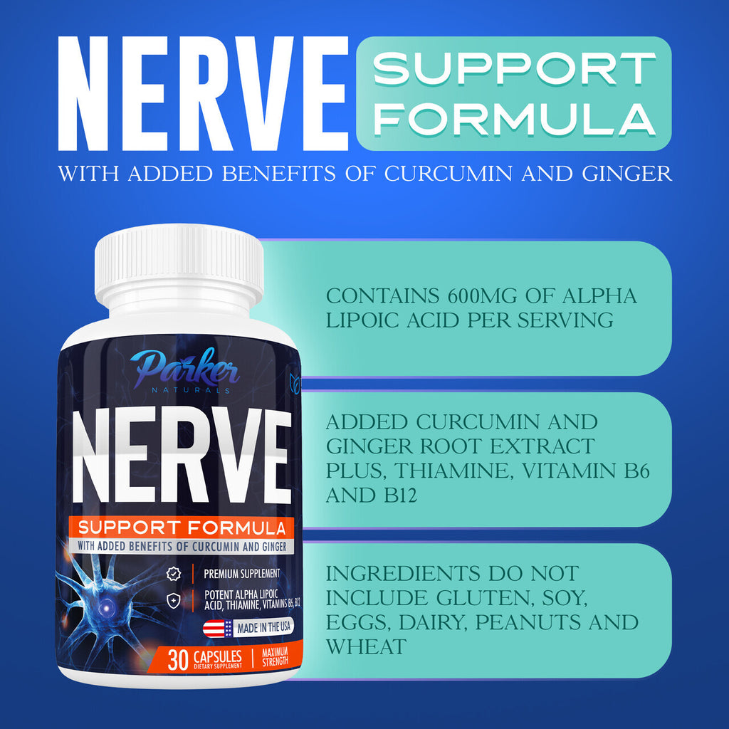Parker Naturals Nerve Support 30ct Capsules - Alpha-Lipoic Acid 600mg, Thiamine, Vitamin B6,B12, Curcumin, Ginger Root. Made Right here in The USA!