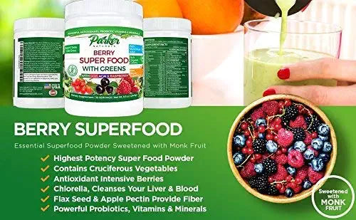 Berry Green Superfood Powder Smoothie Mix with Organic Greens & Organic Fruits, Enzymes, Probiotics, Antioxidants, Vitamins, Minerals Flavored with Monk Fruit