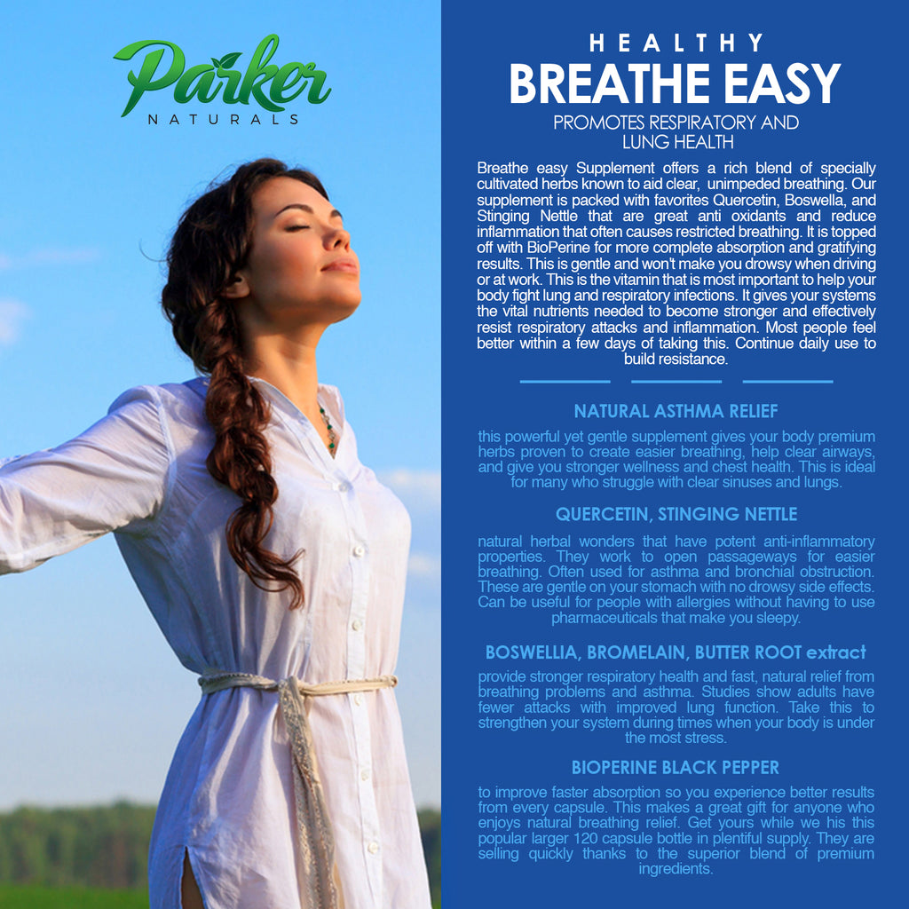 Breathe Easy 60 Capsules Nutritional Supplement Aids Breathing, Clears Sinus, Lungs, Airways for Healthy Chest. Nourishing Vitamin D3, Quercetin, Boswella, BioPerine for Natural Relief