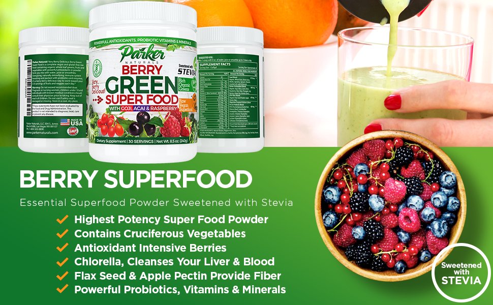 Berry Green Superfood with Goji, Acai & Raspberry, Raw Organic Nutrition - Parker Naturals - Journey to a better you.
